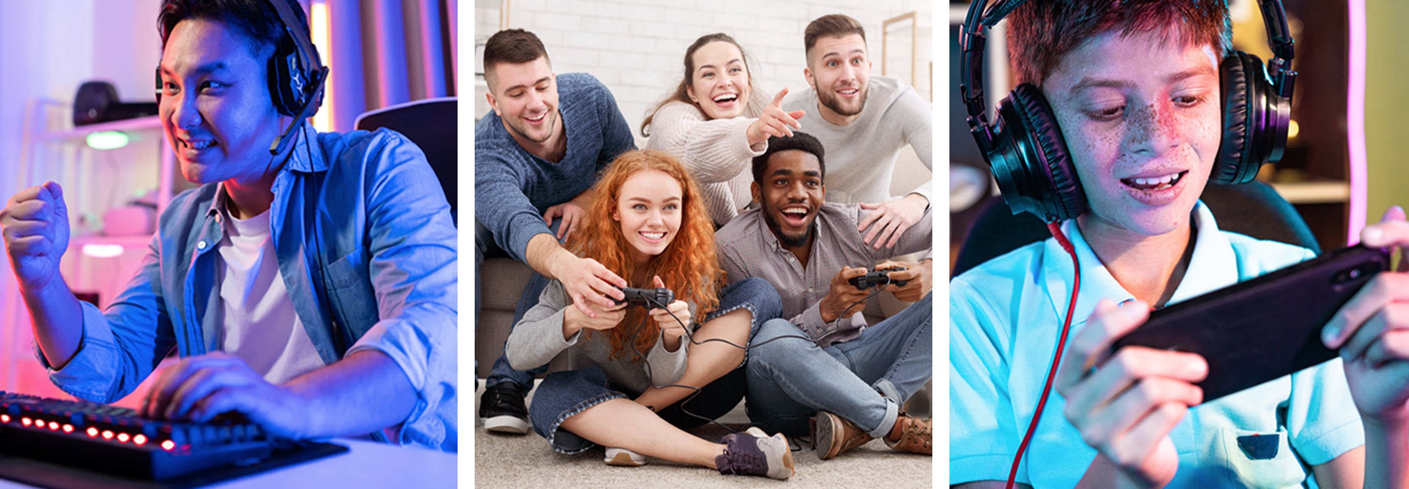 Three images of people gamingin on consoles, mobile and desktop Three images of people gamingin on consoles, mobile and desktop
